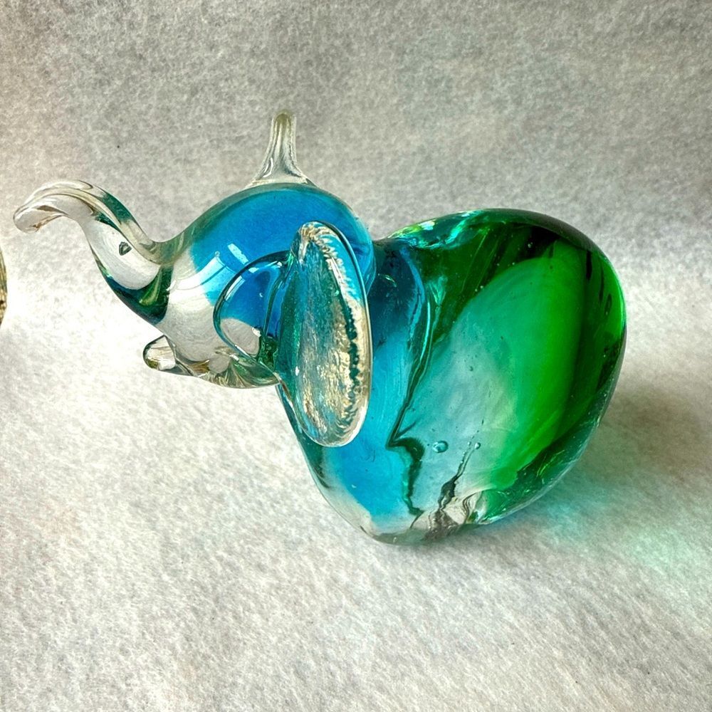 Glass Mid Century Art Glass Elephant Paperweight Green Teal Art Glass Trunk Up